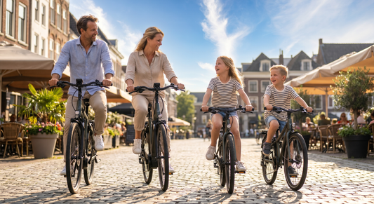 Gezin op e-bikes in Nederlandse stad