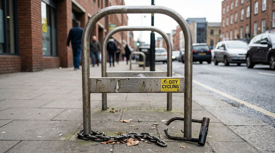Leeg fietsrek met doorgeknipt slot — gestolen fiets op straat