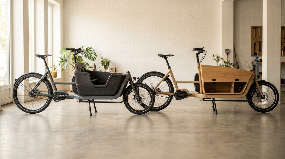Twee premium elektrische bakfietsen naast elkaar in de showroom: de vergelijking tussen Lovens en Urban Arrow