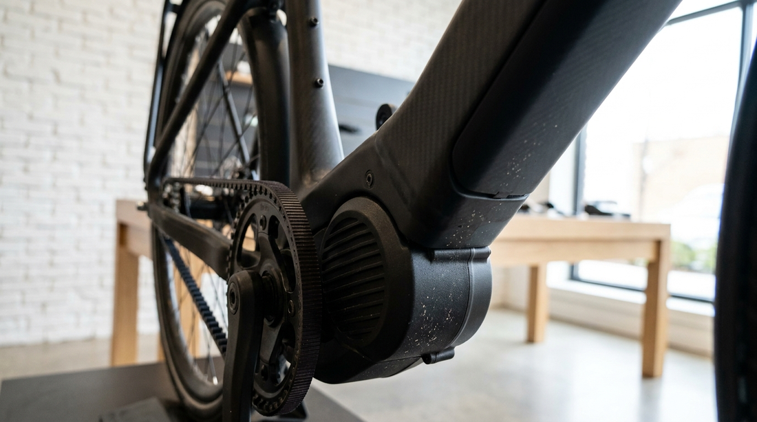 Close-up van een Bosch middenmotor op een premium e-bike in de showroom