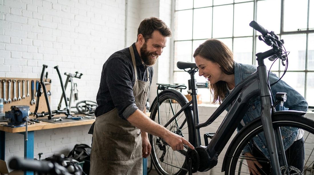 Monteur en klant inspecteren samen een tweedehands e-bike in de werkplaats