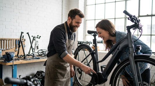Monteur en klant inspecteren samen een tweedehands e-bike in de werkplaats