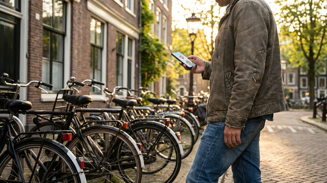 Fiets checken met een app op een smartphone bij geparkeerde fietsen