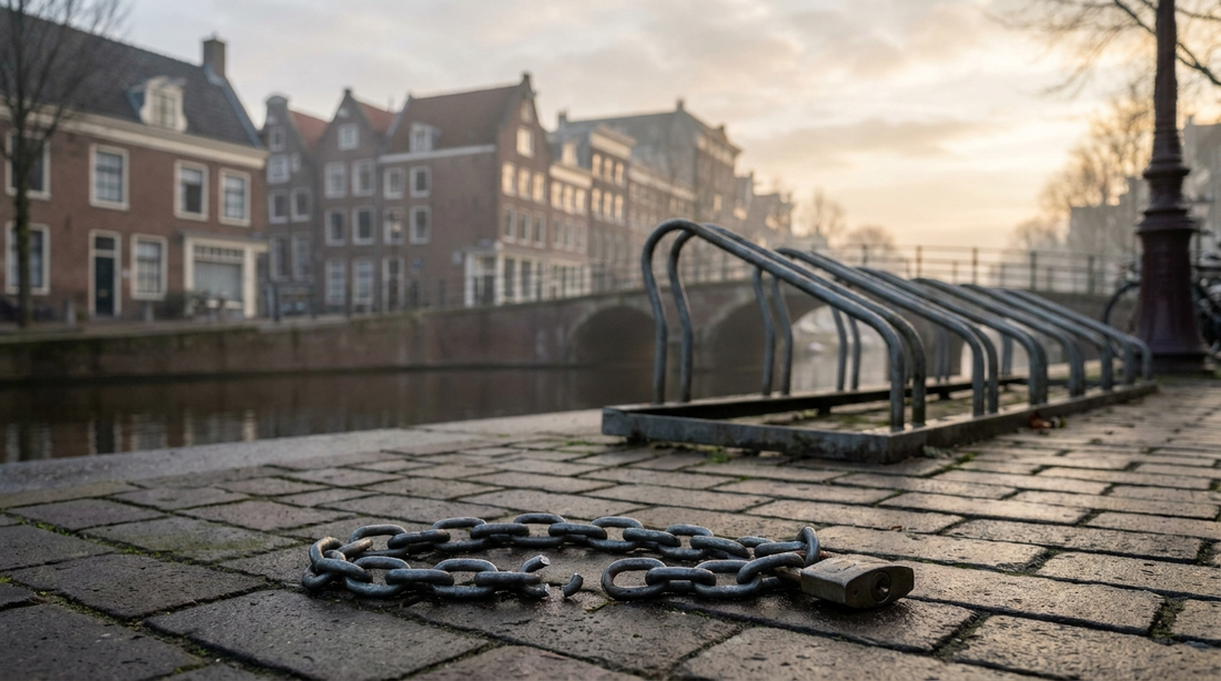 Leeg fietsenrek met doorgeknipt kettingslot na fietsdiefstal