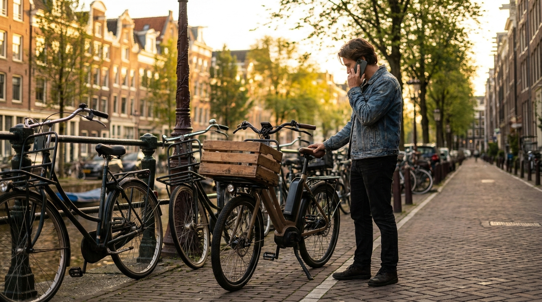 Persoon belt de politie bij het terugvinden van een gestolen fiets op straat