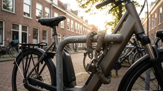 Premium e-bike met zwaar kettingslot vastgezet aan een fietsenrek