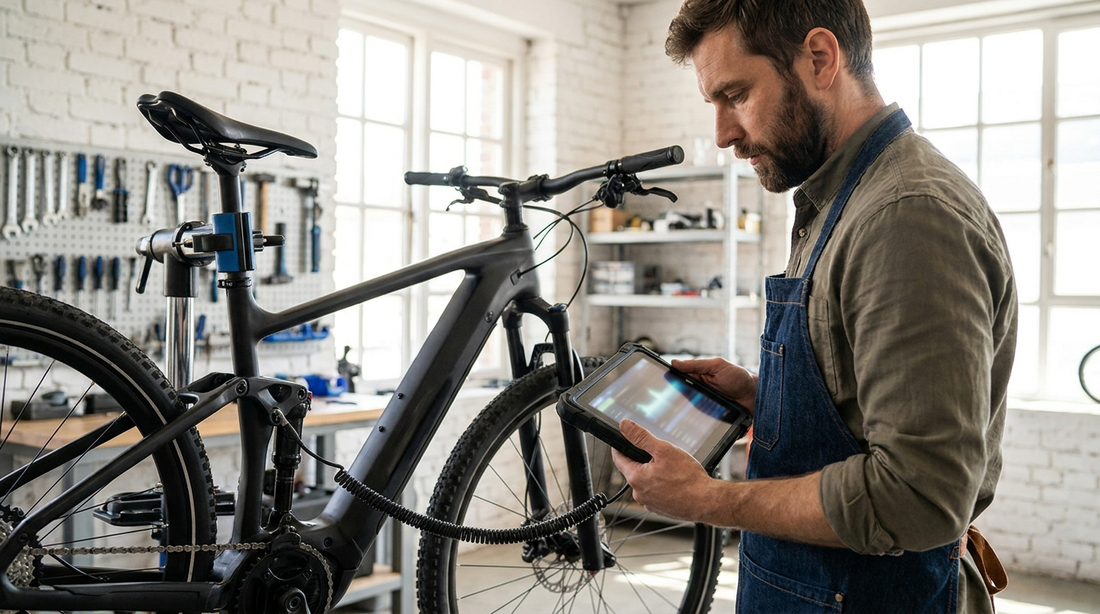 Monteur leest een e-bike uit met diagnoseapparatuur in de werkplaats van eBikeXL