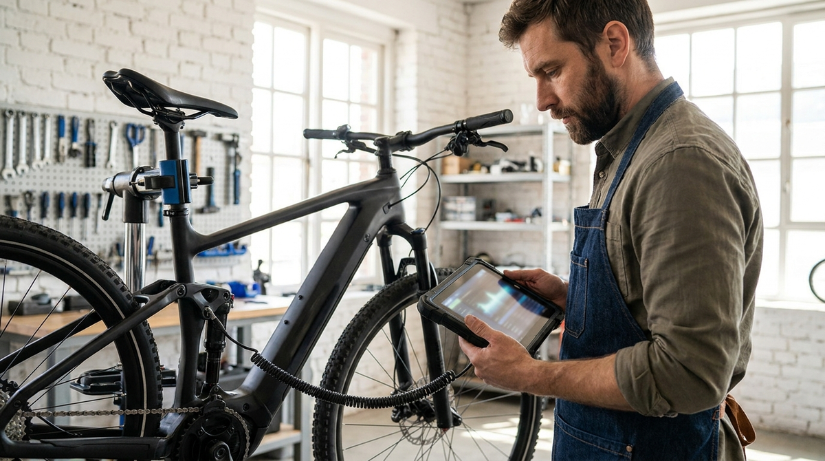 Monteur leest een e-bike uit met diagnoseapparatuur in de werkplaats van eBikeXL