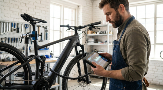 Monteur leest een e-bike uit met diagnoseapparatuur in de werkplaats van eBikeXL