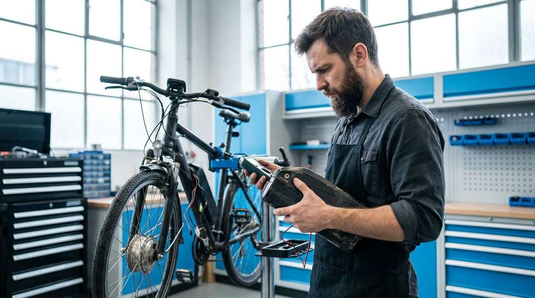 Monteur inspecteert de accu en motor van een elektrische fiets in de werkplaats