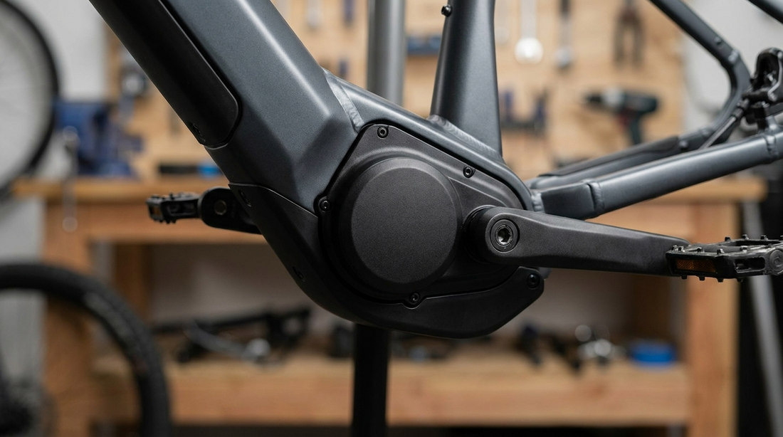 Close-up van een middenmotor op een moderne elektrische fiets