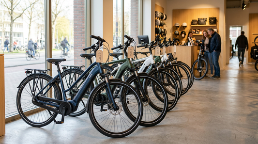 Rij moderne elektrische fietsen in een lichte showroom